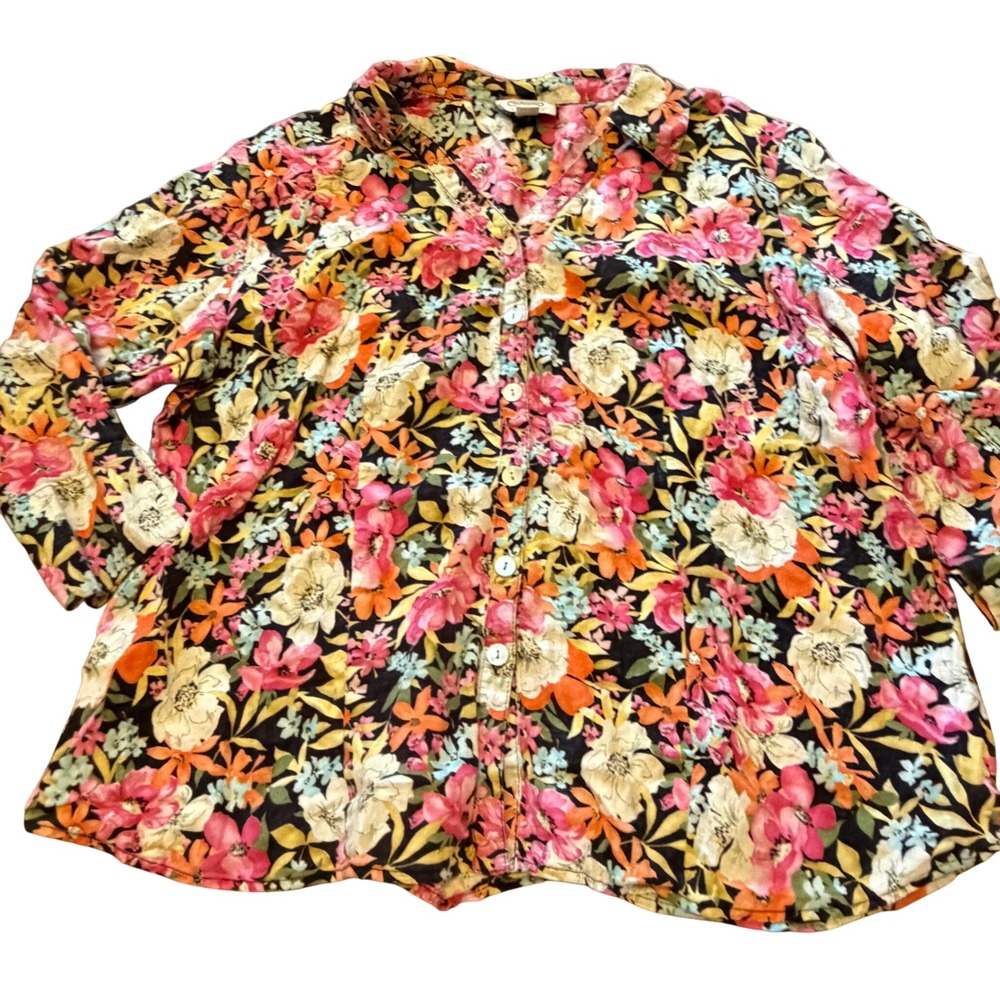 Talbots Woman 18W Floral Linen Blouse Button Front Long Sleeve Coastal Grandma